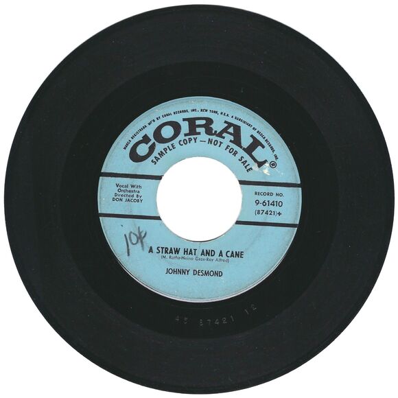 Johnny Desmond 45 RPM - Togetherness / A Straw Hat And A Cane - Coral Promo VG - Picture 2 of 2